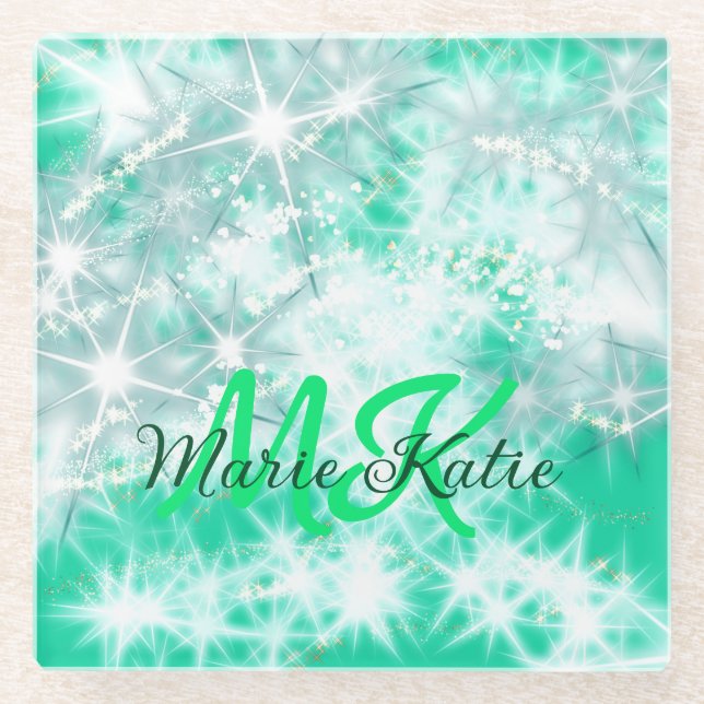 Türkisfarbene aquamarine Aqua-Monogramm Zusatz von Glasuntersetzer (Vorderseite)