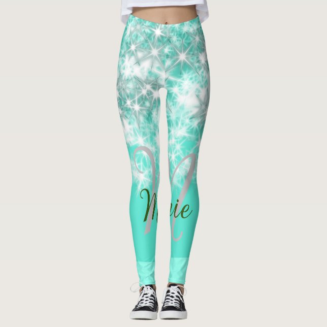 Türkisfarbene aquamarine Aqua-Monogramm Zusatz von Leggings (Vorderseite)