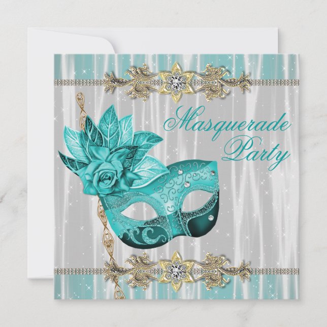 Türkisfarbene Aquamarine blaue Masquerade Party Ei Einladung (Vorderseite)