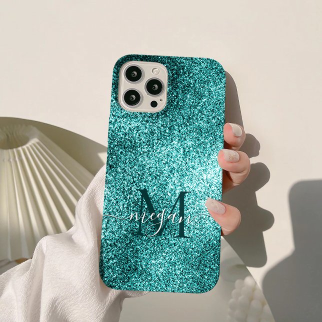 Türkisfarbene Aquamarine Glitzer-Sparkone-Monogram Case-Mate iPhone Hülle (Von Creator hochgeladen)