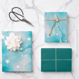 Türkisfarbene Aquamarine Himmelsstars Geschenkpapier Set