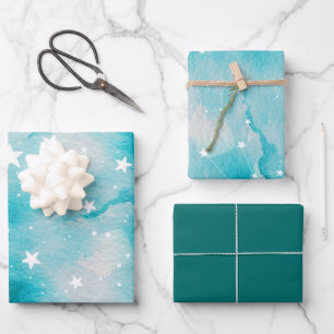 Türkisfarbene Aquamarine Himmelsstars Geschenkpapier Set