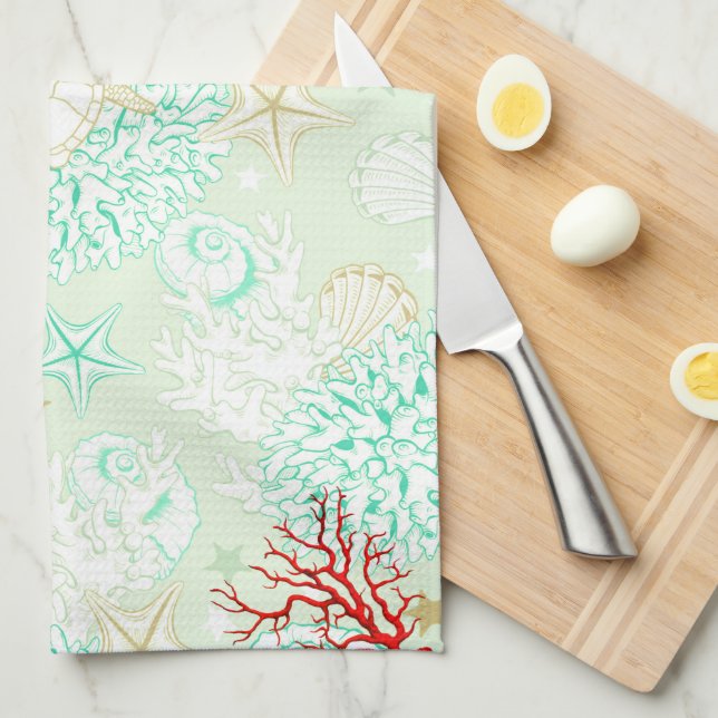 Türkisfarbene aquamarine Seesellkoralle im Strands Geschirrtuch (Viertel Falte)