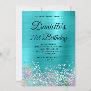 Türkisfarbene Blau Folie Holo Glitter Fancy Monogr Einladung