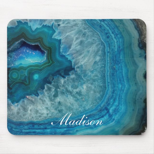 Türkisfarbene Blaue Achat-Geode-Monogramm-Name Mousepad (Vorne)