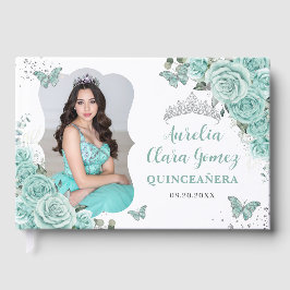 Türkisfarbene Blaue Florale Silberne Quinceanera 1 Gästebuch