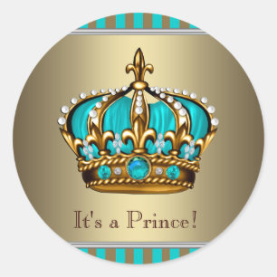 Türkisfarbene Blaue Gold Prinz Baby Shower Aufkleb Runder Aufkleber
