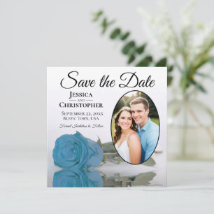 Türkisfarbene Blaue Rose auf Weißem Oval Foto Hoch Save The Date