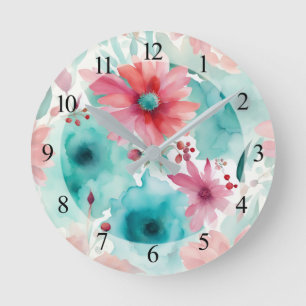 Türkisfarbene blaue Rote Aquarell-Frühlingsblumen  Runde Wanduhr