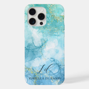 Türkisfarbene Blaue Wasserfarbe Tinte Glitter Anpa iPhone 15 Pro Max Hülle