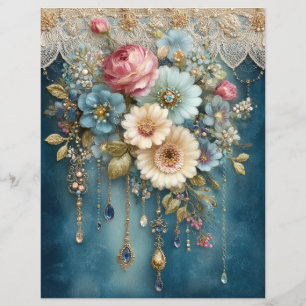 Türkisfarbene Blumen-Edelsteine Junk Journal Scrap
