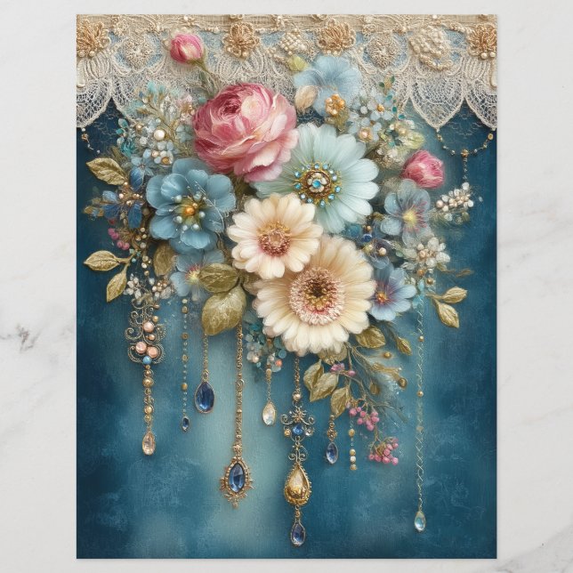 Türkisfarbene Blumen-Edelsteine Junk Journal Scrap (Vorderseite)