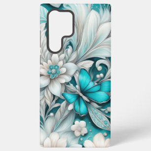 Türkisfarbene Blumen Fluffige Weiße Federn Samsung Galaxy Hülle