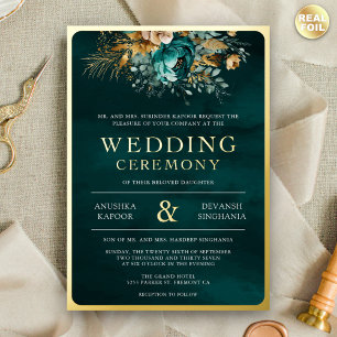 Türkisfarbene Blumen-Foto-Indische Hochzeit Gold Folieneinladung