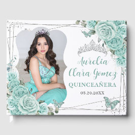 Türkisfarbene Blumen Schmetterlinge QUINCEAÑERA 16 Gästebuch