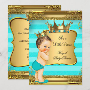 Türkisfarbene Brünette Baby Shower Prinz Baby Jung Einladung