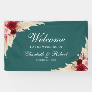 Türkisfarbene Burgunder Rosen Willkommen Hochzeit Banner