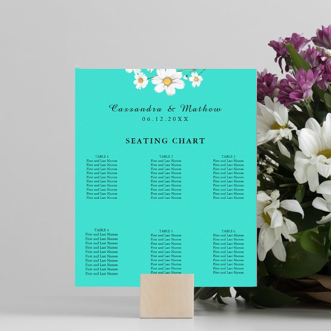 Türkisfarbene Daisy Bloral Wedding 60 Seating Char Poster (Turquoise Daisy Floral Wedding 60 Seating Chart 8x10 size)