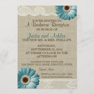Türkisfarbene Daisy- und Jute-BBQ-Hochzeitsempfang Einladung