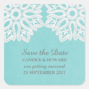 Türkisfarbene Elegante Spitzen Save-the-Date-Aufkl Quadratischer Aufkleber