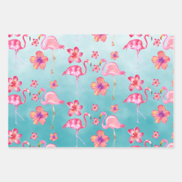 Türkisfarbene Flamingos und rosa Hibiskus 2 Geschenkpapier Set