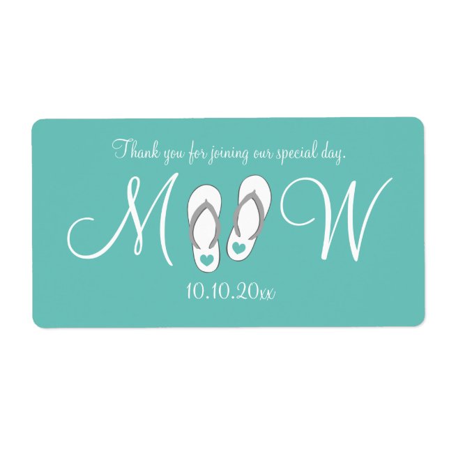 Türkisfarbene Flip Flops Hochzeitswasserflaschen (Vorne)