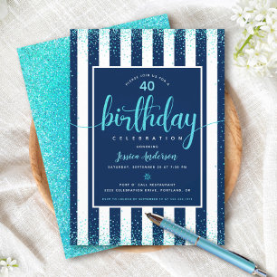 Türkisfarbene Geburtstags-Glitter-Schrift Navy ben Einladung