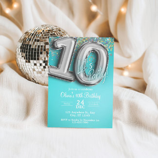 Türkisfarbene Glitter-Einladung zum 10. Geburtstag Einladung