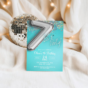 Türkisfarbene Glitter-Einladung zum 7. Geburtstag Einladung