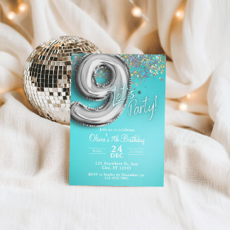 Türkisfarbene Glitter-Einladung zum 9. Geburtstag Einladung