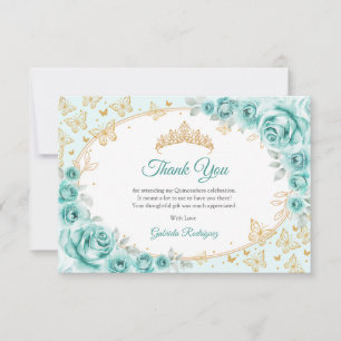 Türkisfarbene Goldene Florale Quinceanera Dankeskarte