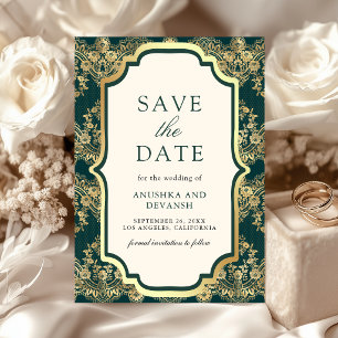Türkisfarbene Goldspitze Indische Hochzeit Save The Date