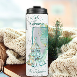 Türkisfarbene & Graue 5-Foto-Collage-Weihnachtsbau Thermosbecher