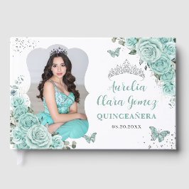 Türkisfarbene Grüne Rosen Florale QUINCEAÑERA 16 F Gästebuch