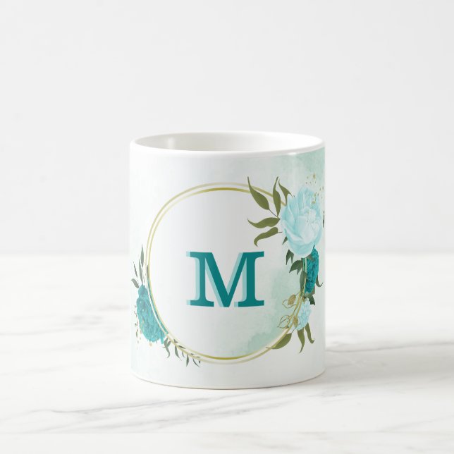 türkisfarbene hellblaue Blumen  Kaffeetasse (Mittel)