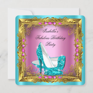 Türkisfarbene Hot Pink Glitter High Heels Geburtst Einladung