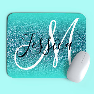 Türkisfarbene Kante Ombre Türkis Glitter Monogramm Mousepad