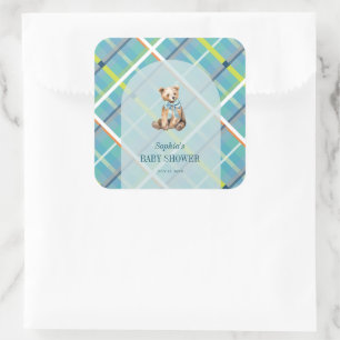 Türkisfarbene Karierte Teddy Bear Boy Babydusche Quadratischer Aufkleber