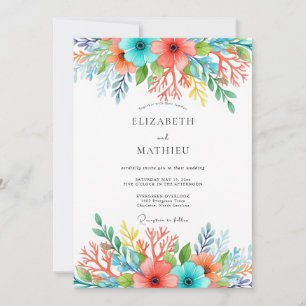 Türkisfarbene Korallen Whimsical Blumenhochzeit Einladung