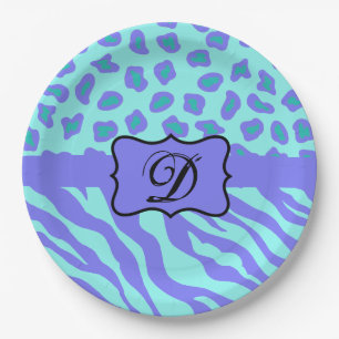 Türkisfarbene Lavender Zebra Leopard Hautmonogramm Pappteller