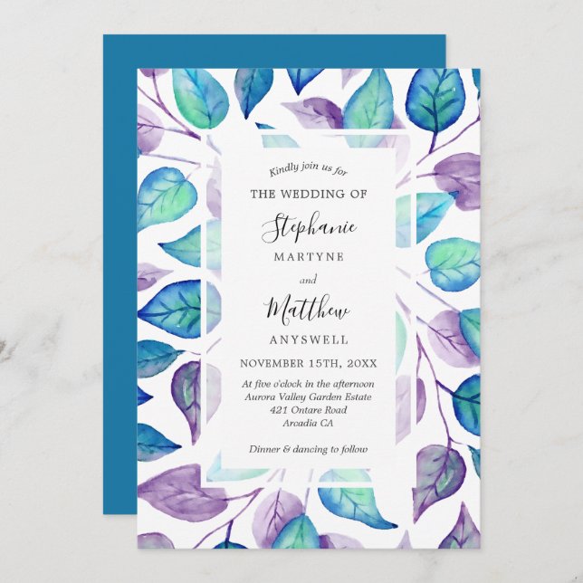 Türkisfarbene Lila Aquarellfarben Blätter Foliage  Einladung (Vorne/Hinten)