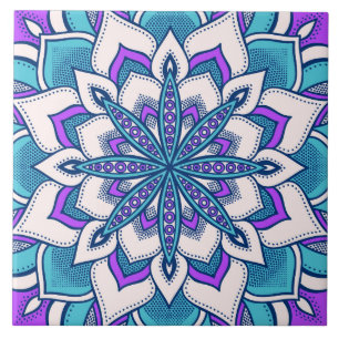 Türkisfarbene Lila-Blumen-Mandala Fliese