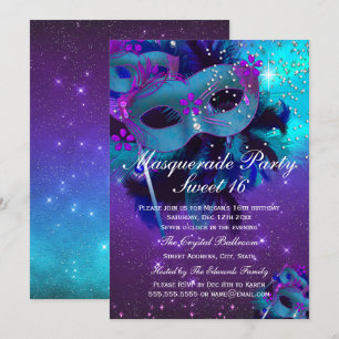Türkisfarbene Lila Feder Juwelen Maske Masquerade  Einladung