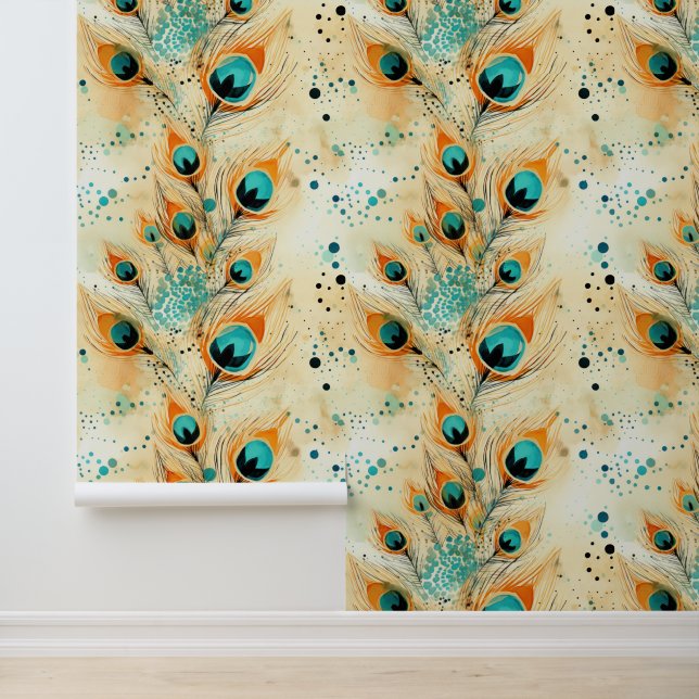 Türkisfarbene Mandarine Aqua Orange Pfauenfedern Tapete (Anwendung)