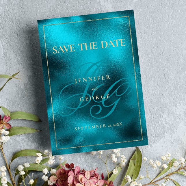 Türkisfarbene Metallic-Monogramm-Initialen Save th Save The Date (Turquoise metallic monogram initials Save The Date)