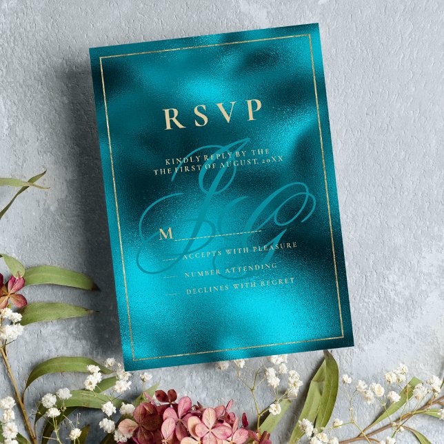Türkisfarbene Metallic-Monogramm-Initialen UAWG Einladung (Turquoise metallic monogram initials RSVP)