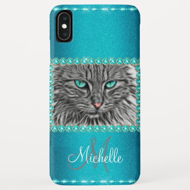 Türkisfarbene Metallische Katze, Rhinestones Perso Case-Mate iPhone Hülle (Rückseite)