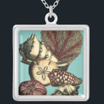 Türkisfarbene Muschel und Rote Koralle Versilberte Kette<br><div class="desc">Gehen Sie unter Wasser,  um das Meer mit all diesen verschiedenen Meereslebewesen zu erkunden. Dieses Vintage Kunstwerk ist eine perfekte Ergänzung zu allen Meeresanemonisten mit einem lebendigen türkisfarbenen Hintergrund und roten Akzenten an den Muscheln. Holen Sie sich noch heute Ihren Kunstdruck auf Ihr Produkt.</div>