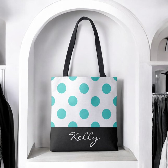 Türkisfarbene Polka-Punkte mit Monogramm (Personalize this attractive tote with any name.)