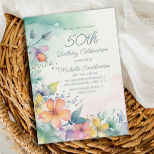 Türkisfarbene rosa gelbe Pastellblumen 50. Geburts Einladung